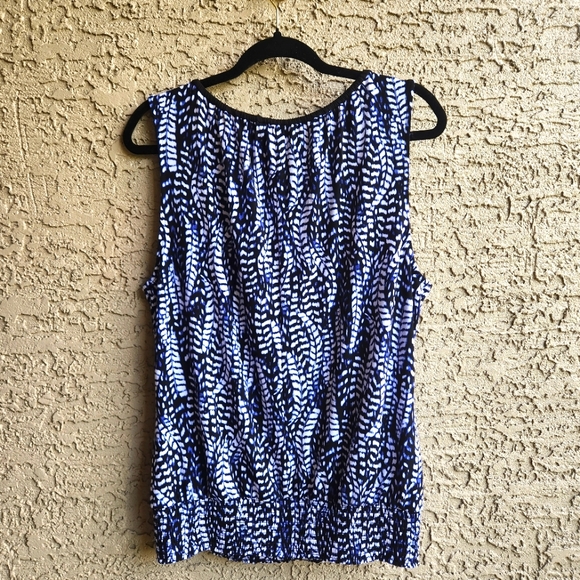 White House Black Market Blue, White, Black Tassel Tie Blouson Smock-Hem Top Lg - Picture 10 of 13